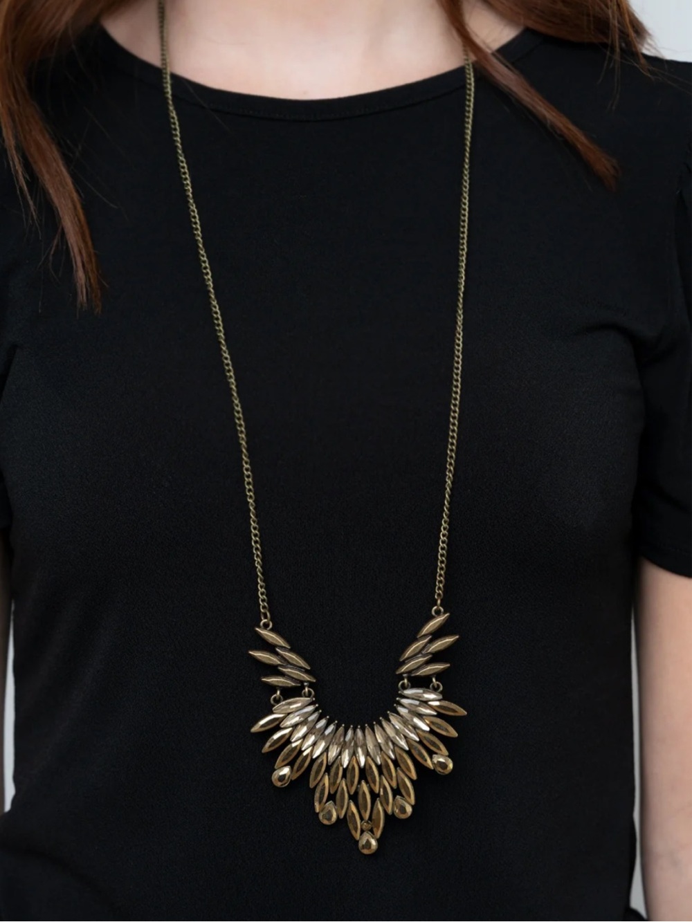 New! Leave it to Luxe Brass Statement Long Bib Necklace Rhinestone Earrings Set